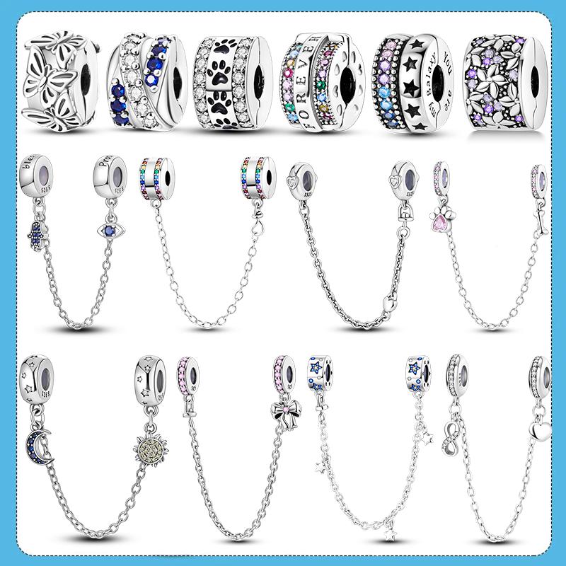 925 Silver Safety Chain with Heart Charms DIY Jewelry Fit Original Bracelet Beaded Accessories