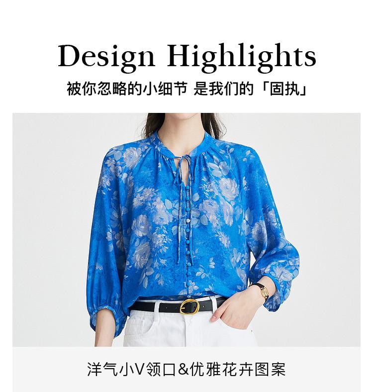 14 MM Double Crepe 100% Mulberry Silk Strap Collar Vintage Printed Silk Shirt for Women