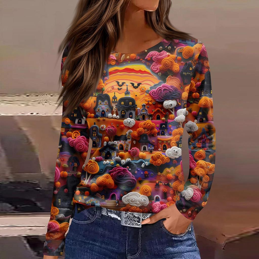 Women's Fashion Casual Slit Hem Round Neck Long Sleeve Loose Halloween Printed T-Shirt Ladies Top