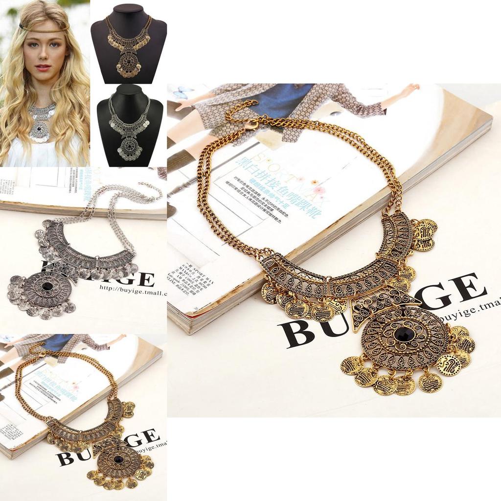 Ethnischer Stil Simulation Edelstein Mehrschichtig Runde Münze Metall Halskette für Frauen