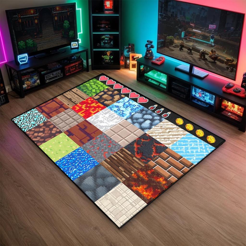 Tappeto Tappetino Pixel Block - Tappeto Decorativo Gioco Stanza dei Giochi Camera da Letto, Tappeto Decorazione Casa Morbido Antiscivolo con Fantasia a Blocchi Colorati