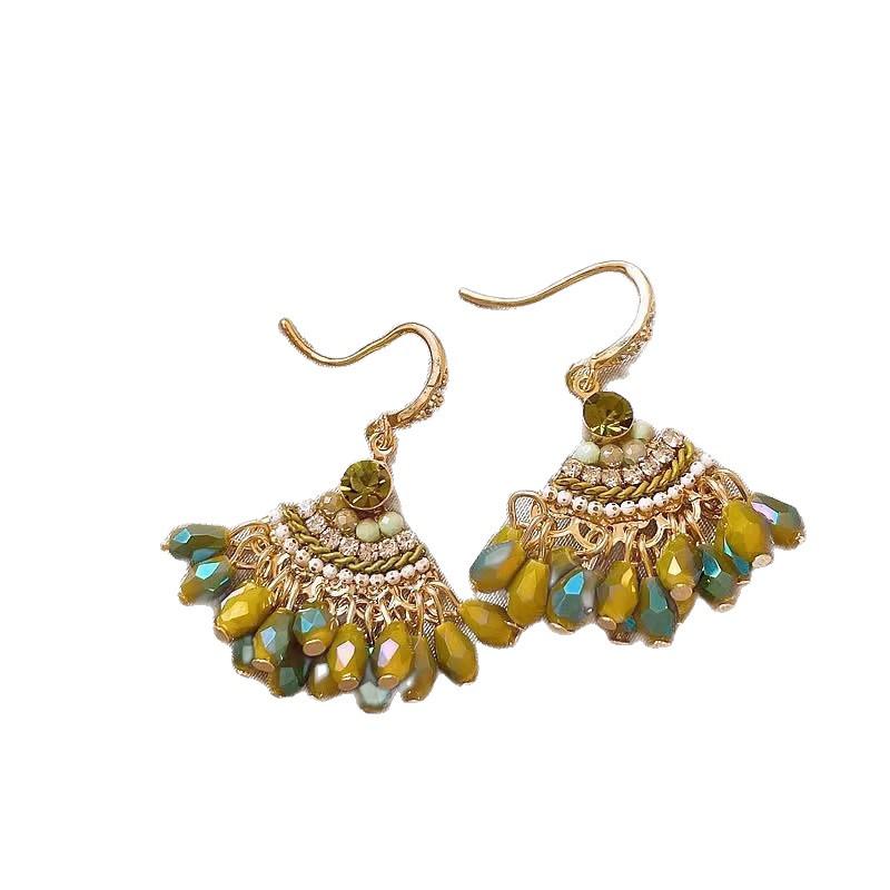 Bohemian Green Crystal Tassel Earrings: Women's Retro Ethnic High-End Fashion Design