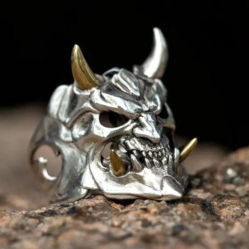 Huajie Men's Gothic Tokyo Style Yaksha Skull Mask Design Rings Two Tone Sheep Horn Hip Hop New Ring Trend