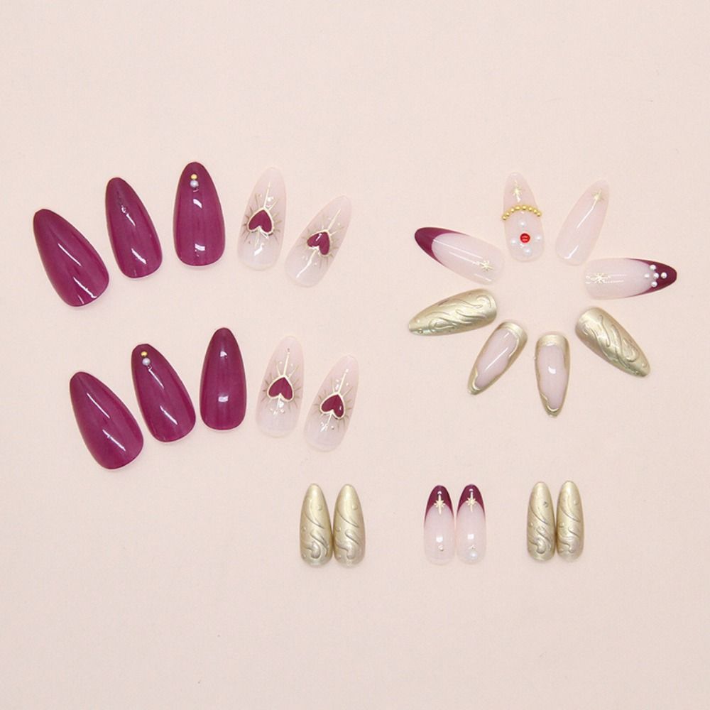 24pcs Manicure Long Almond False Nails French Flower Starburst Press On Nails Detachable Aurora Fake Nails DIY