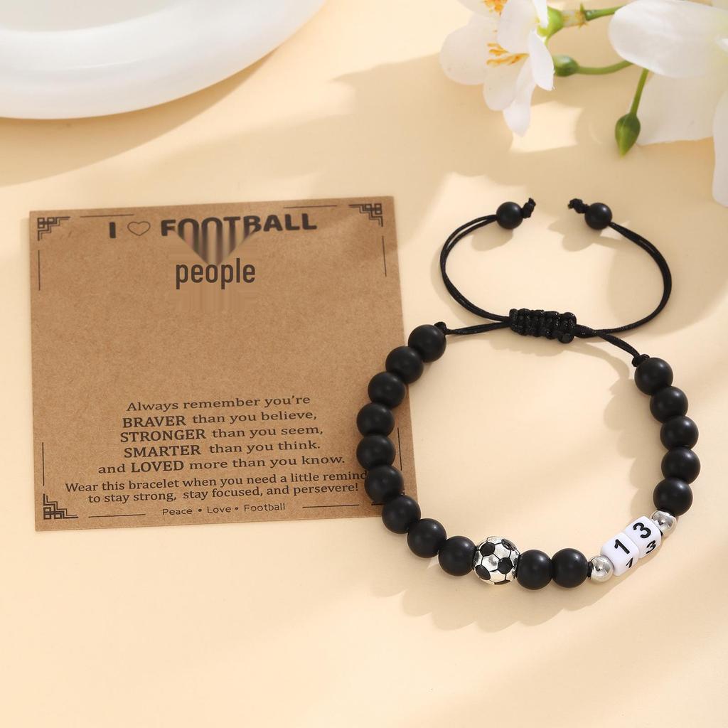 Men's Adjustable Black Matte Stone Beaded Bracelet - Football Number Birthday Gift