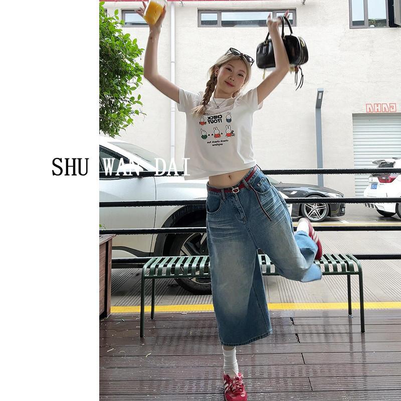 Women s High Waist Wide Leg Capri Jeans Vintage Loose Straight Leg Casual Denim Culottes XS