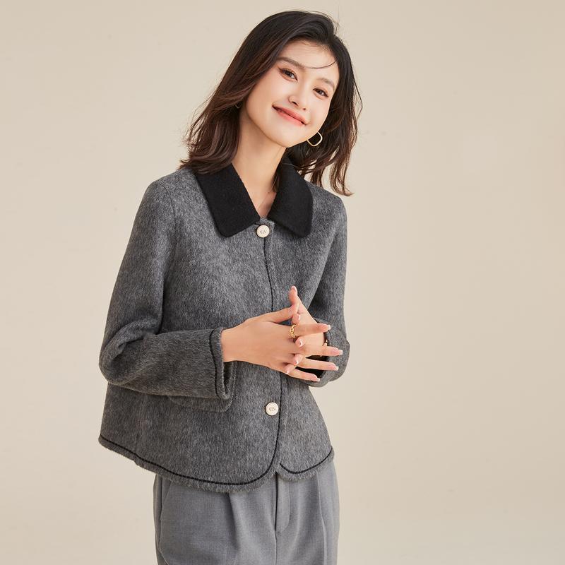 [Sheep Wool Coat] Short Color Blocked Double Sided Woolen Coat for Women Autumn/Winter, Flip Collar Cardigan with Side Pockets