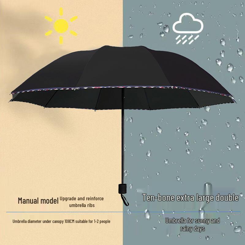 Extra Large Dual-Use Umbrella for Men and Women: Manual Three-Fold Design with Reinforced Black Glue for Rain or Shine Protection.