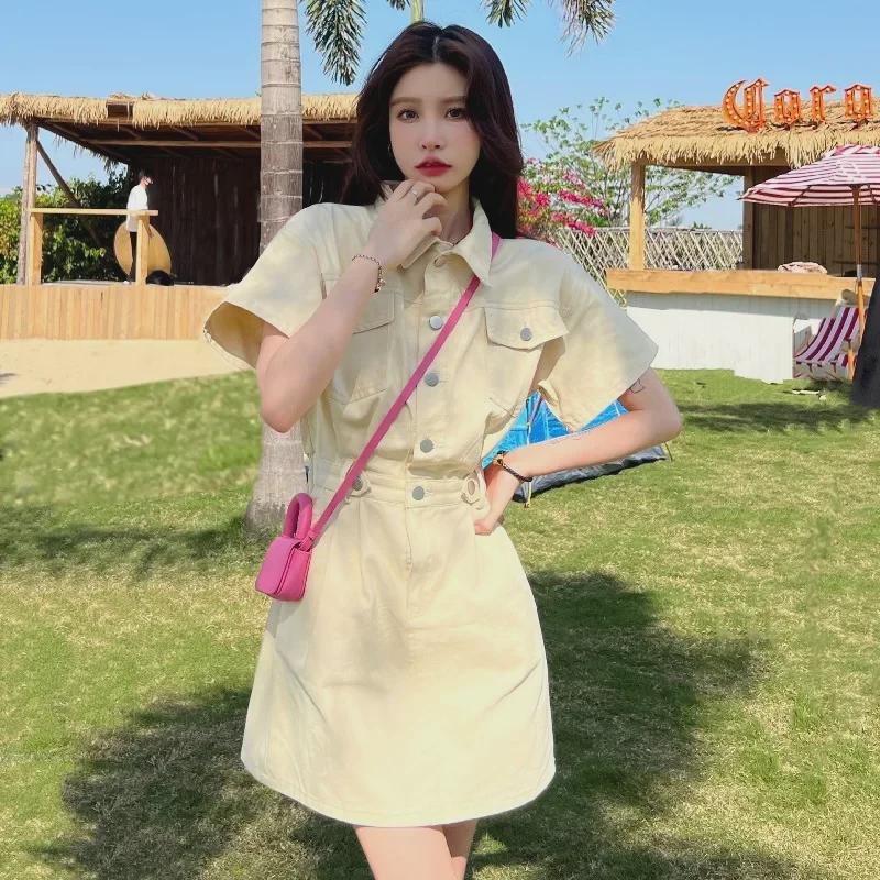 

Трендовое короткое платье в японском стиле 2025 года с воротником поло, молнией и карманами для студенток L абрикосовый