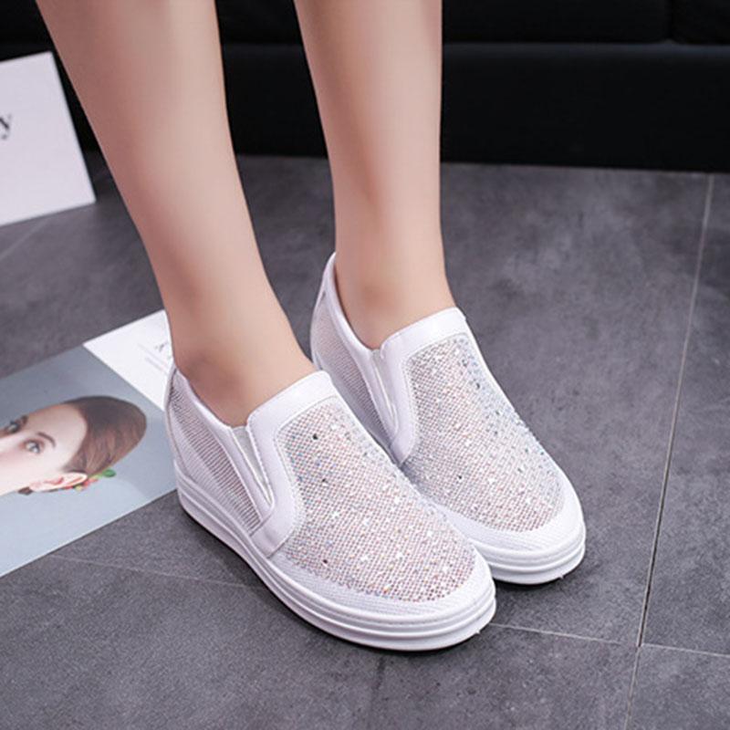Fashion Comemore White Shoes Spring and Summer Wedge High Heels Women's Vulcanize Shoes Mesh Breathable Round Head Rhinestone Loafers