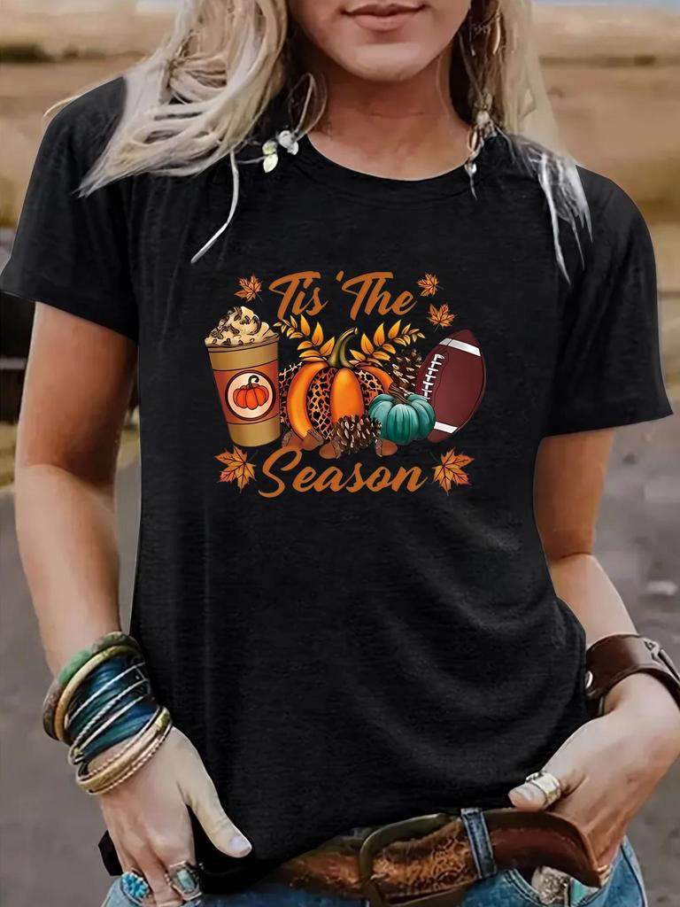 European & American Women's Halloween Pumpkin Baseball Tee - Round Neck, Short Sleeve, Casual Fashion T-Shirt