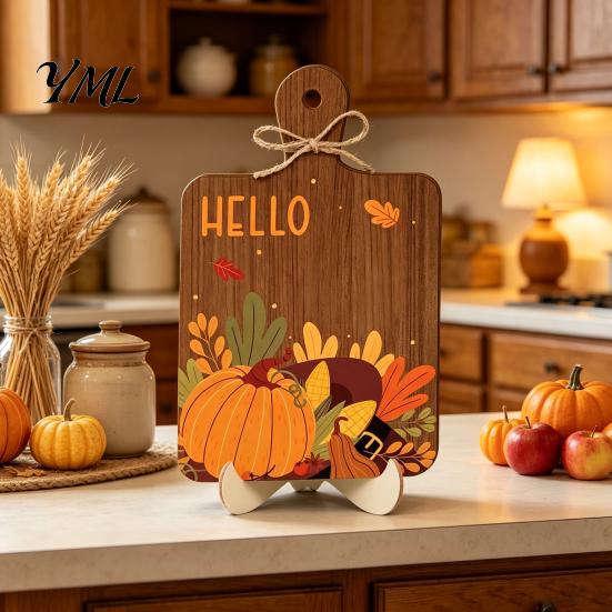Rustic Fall Wooden Ornaments Hello Sign, Cutting Board Shape Autumn Harvest Tabletop Ornament with Indoor Party Decor Hanging Rope & Stand, Farmhouse