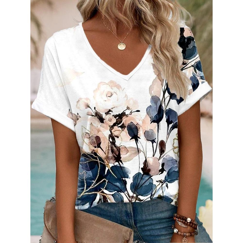 

Women s T-shirt Floral Print V-Neck Short Sleeve Casual Top Blush Navy Multi-size Spring Summer Daily Wear Comfortable Blouse XL