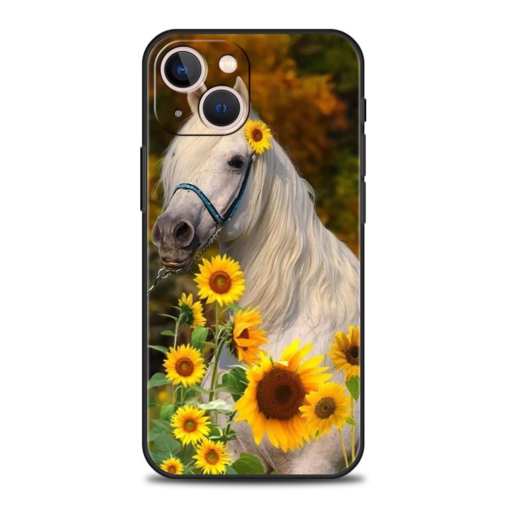 Luxury TPU Soft Phone Case For iPhone 16 11 15 14 Pro MAX 12 13 7 8 Plus X XR XS SE 2022 Black Cover Horse Animal