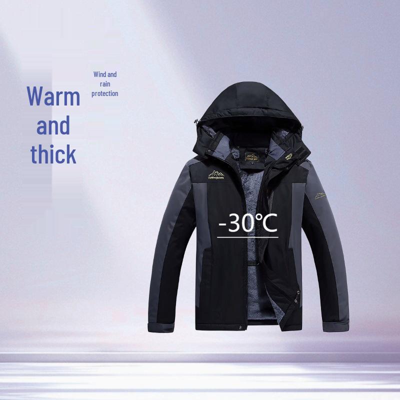 Men's Plus Size Fleece-Lined Windbreaker - Windproof, Waterproof, Warm Cotton Jacket for Mountain Climbing