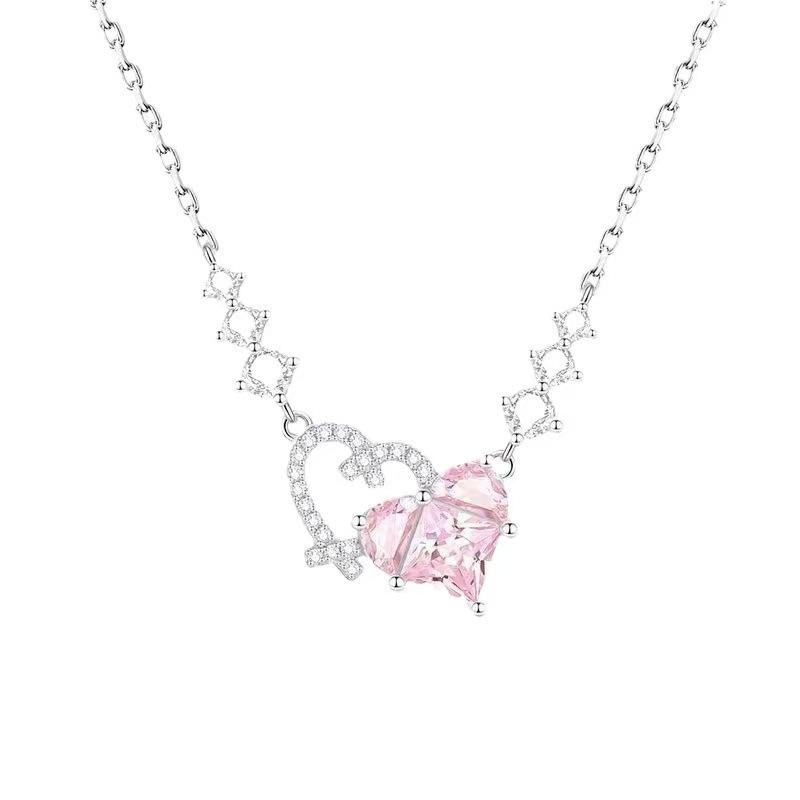 Pink Zirconium Love Necklace Women'S Light Luxury Simple Sweet Wind Slightly Inlaid Pendant Accessories