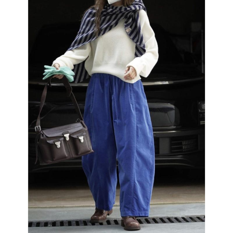 Johnature Podzim Zima Jednoduché Strečové Ležérní Kalhoty v Korejském stylu Volné s Elastickým Pasem a Širokými Nohavicemi pro Ženy