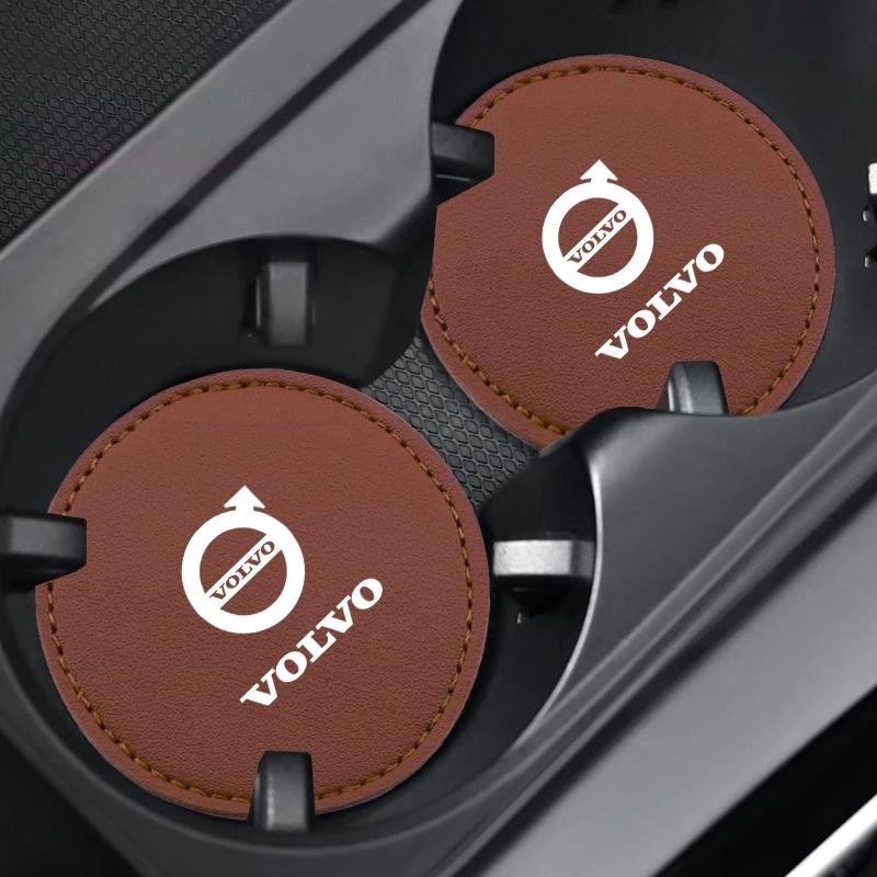 2pcs Car Coaster Auto Leather Water Cup Anti-Slip Pad For Volvo EX90 V60 V40 XC90 S60 XC60 V50 V70 S90 XC40 S80 T6 V90 EX30 C70