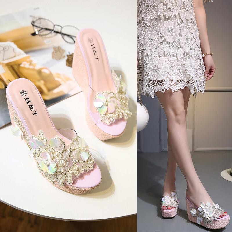 

Women s sandals sweet beaded flower transparent wedge heel cool slippers women 34 білий