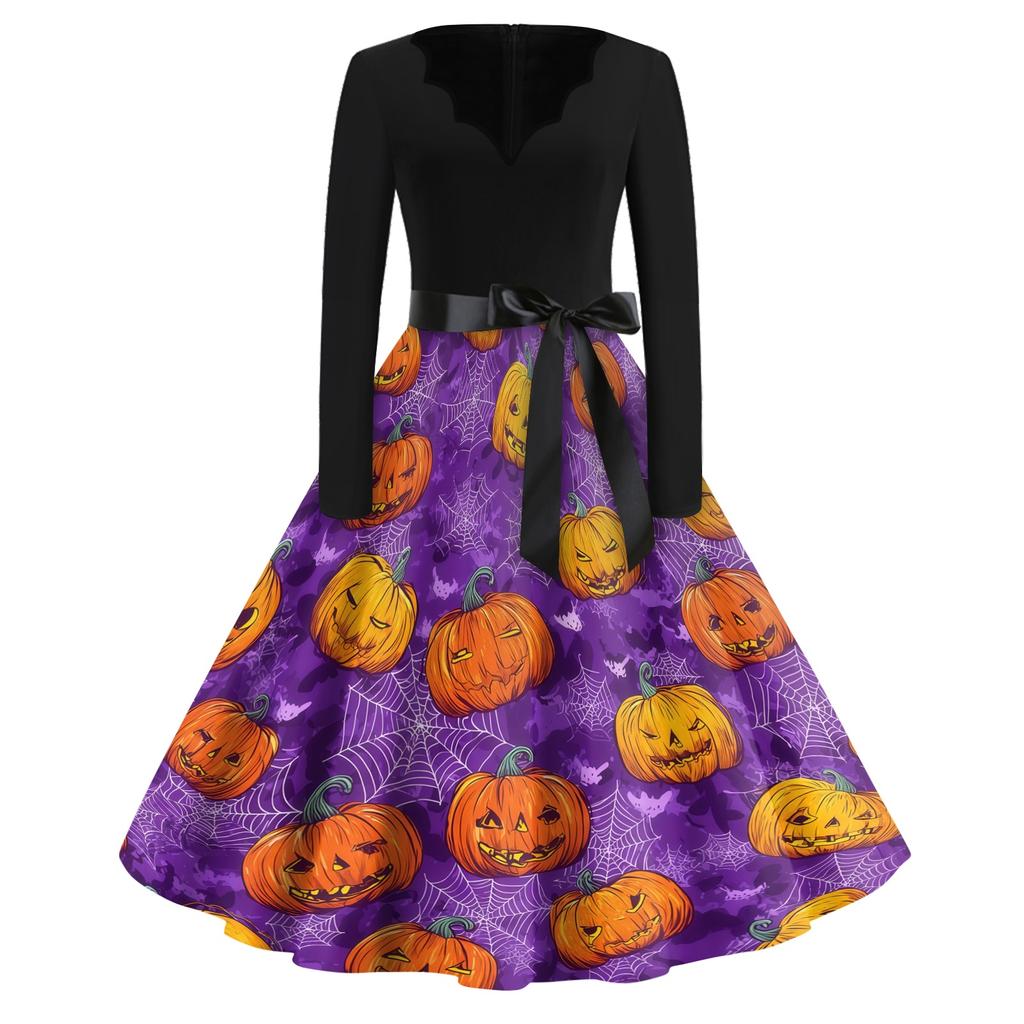 Women's Vintage V Neck Dress Halloween Print Long Sleeve Casual Retro Style Dress with Flared Skirt and Waist Tie for Seasonal Wear