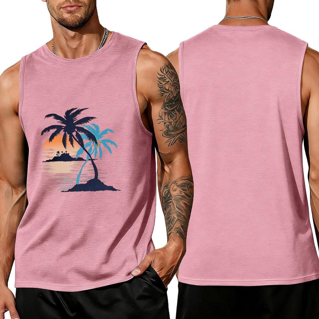 Men’s Sleeveless Crew Neck Tank Top with Tropical Tree and Print Casual Relaxed Fit Shirt