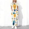 Women Plus Size Cartoon Excavator Printed Scrub Set Cutout Neck Short Sleeve Pocket Top Long Pants Two Piece