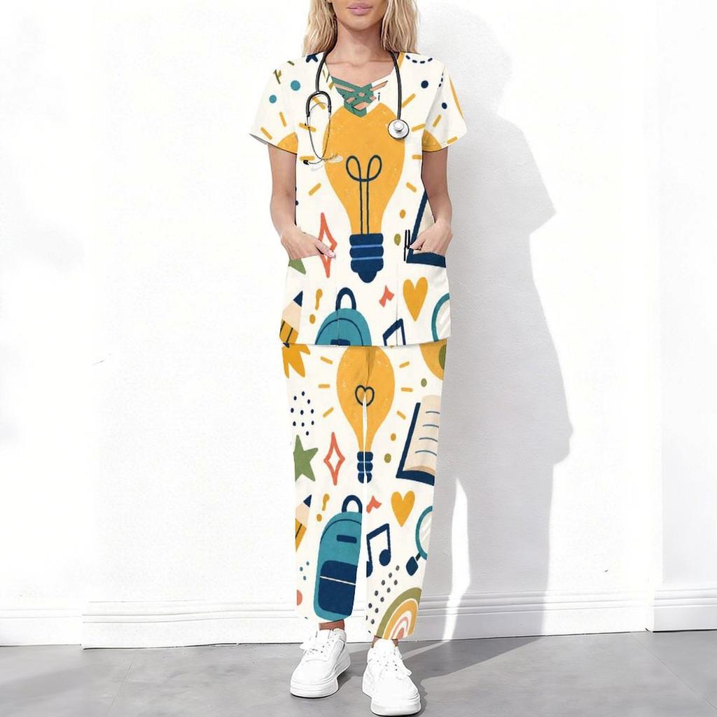 Women Plus Size Cartoon Excavator Printed Scrub Set Cutout Neck Short Sleeve Pocket Top Long Pants Two Piece
