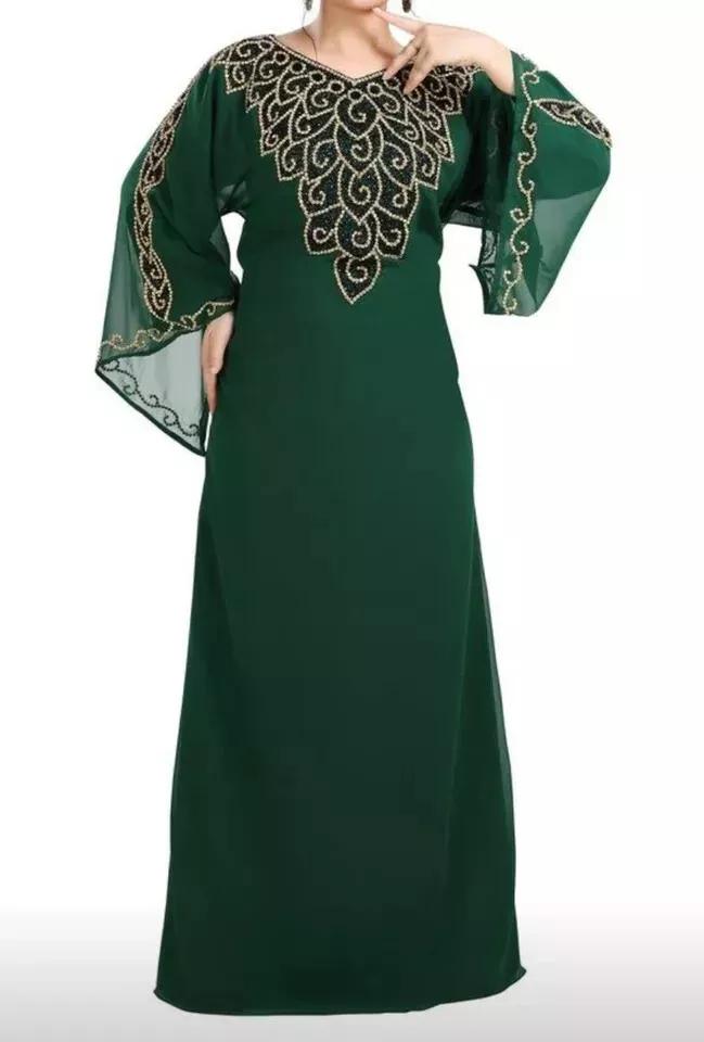 

Green New Moroccan Farasha Kaftan Dubai Stylish Georgette Abaya Gown Dress FREE SIZE зелений