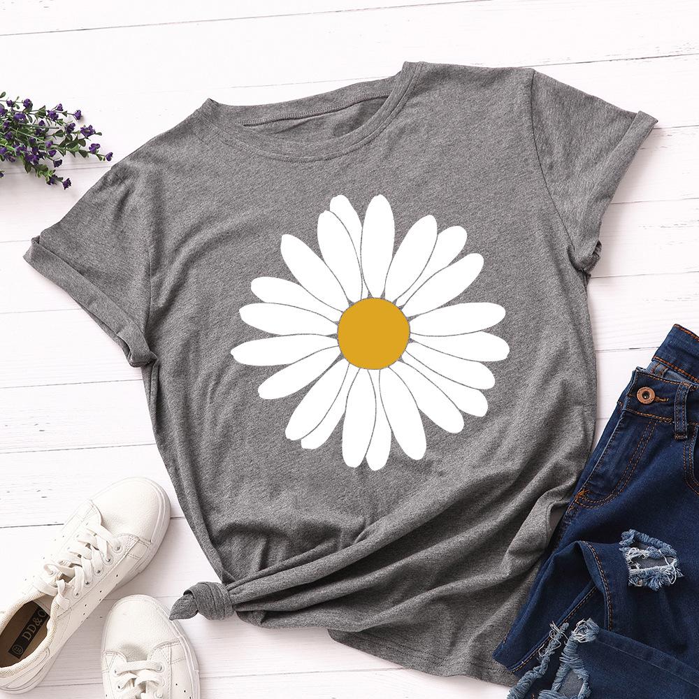 Big Sun Flower Cotton T-Shirt Short Sleeve Round Neck Women 2d Print Tops