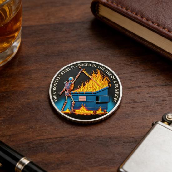 Skull Dumpster Flame Challenge Coin The Strongest Steel Is Forged Dumpster Flame Coin Funny Desk Accessories Inspirational Gifts