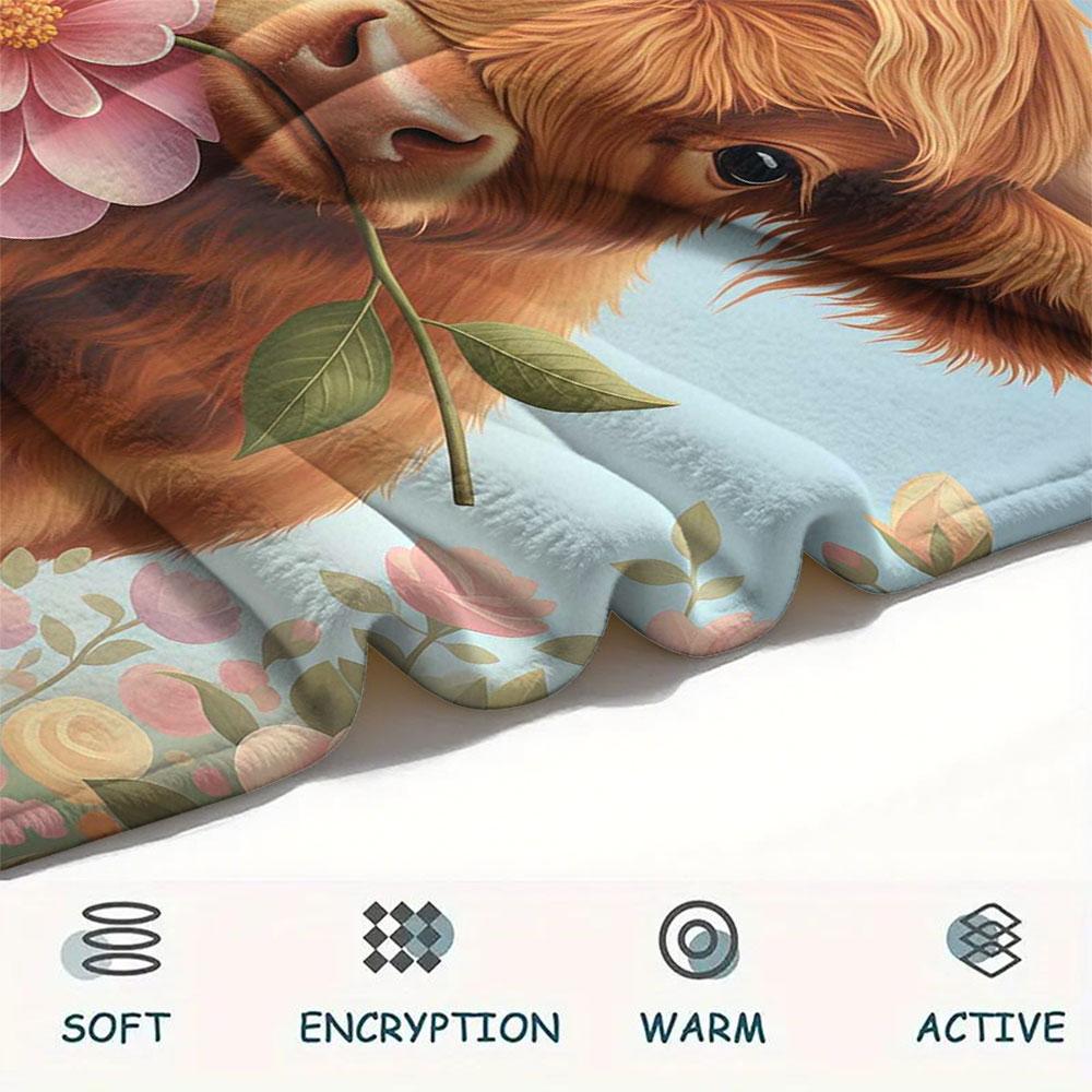 1Pc Cuteflowersanimals Print Flannel Blanket, High Quality Comfortable for All Seasons, Home Decor, Warmth and Comfort, Perfect for Christmas Gifts
