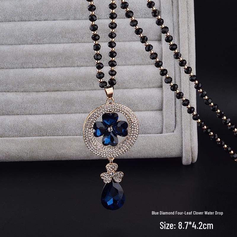 Elegant Women’s Crystal Flower Pendant Necklace - Versatile Autumn/Winter Sweater Chain Accessory