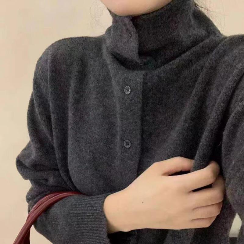 Korean Style High Neck Cashmere Cardigan - Women's Warm, Stylish Solid Color Wool Sweater for Autumn/Winter.
