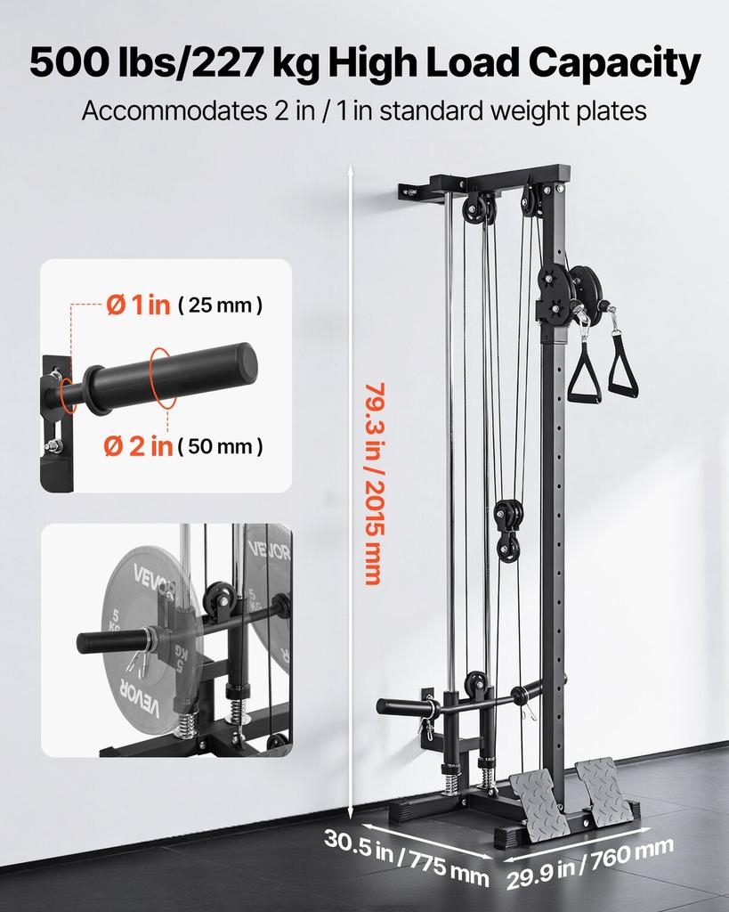 LAT Pull Down Machine, 3-in-1 Row Cable Machine, Cable Machines Home Gym with 18-Level Height Adjustment, Wall-Mount Design, Load 227kg Lat Tower for