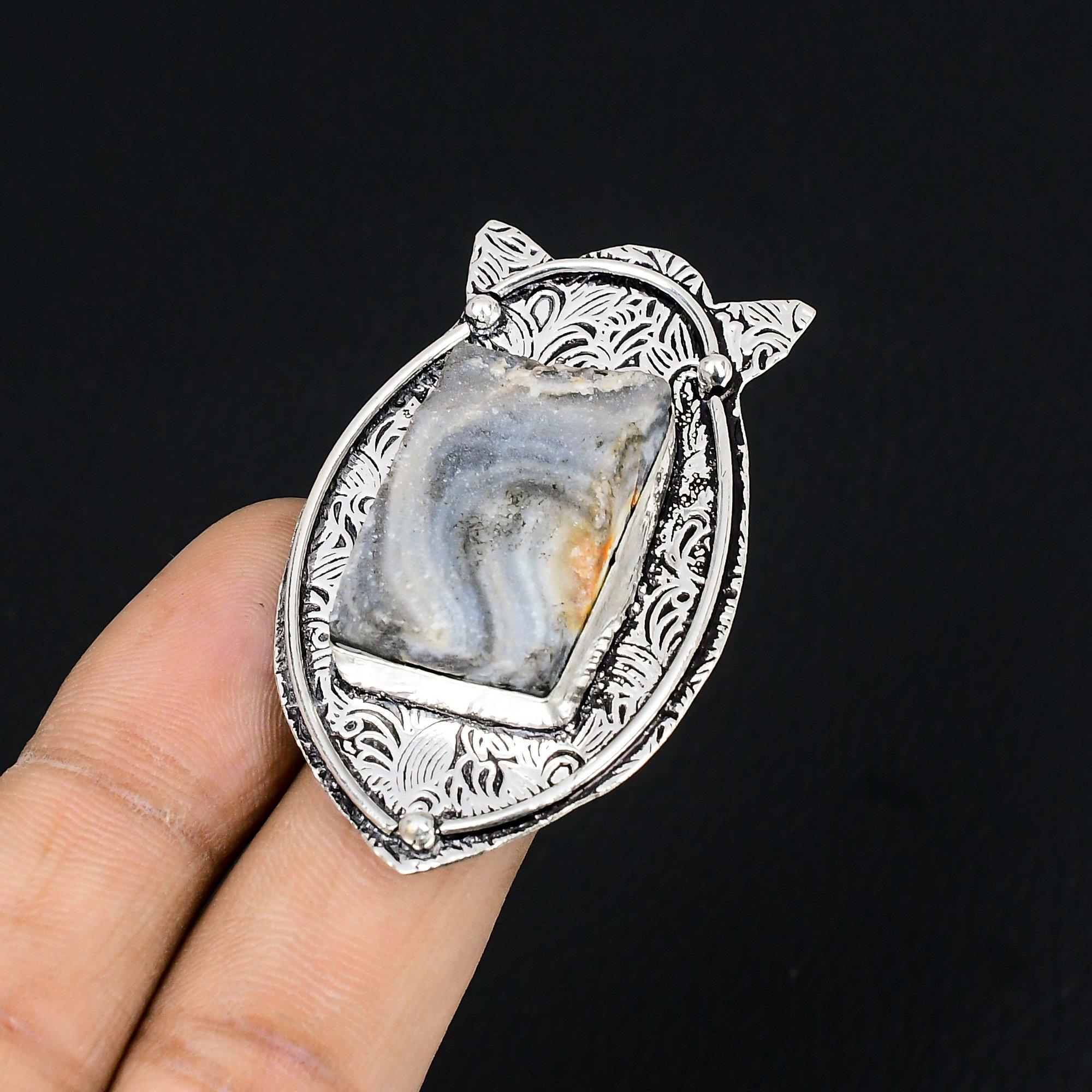 925 Silver Natural Geode Agate Druzy Statement Promise Mother Boho Ring Size 6.5 6.5