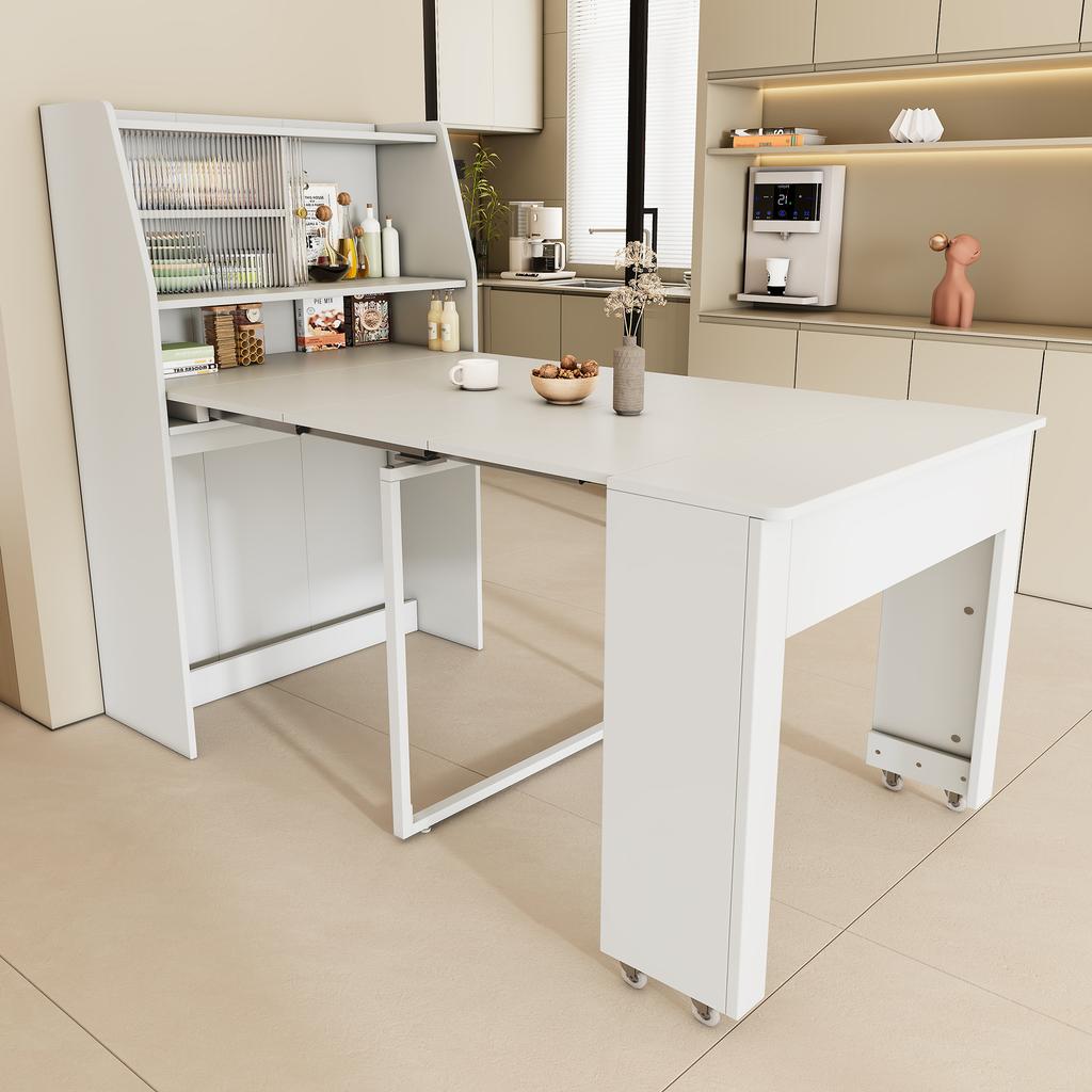 Extendable Dining Table, L52/132.5xW80xH76cm, One-Way Extending, Storage Cabinet, Rectangular, Coffee Lounge, Space-Saving Multifunctional, White