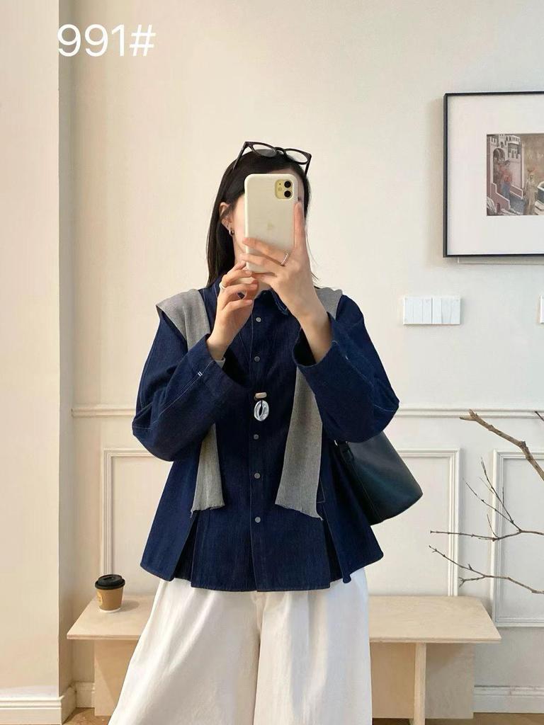 Playful Niche Spring Slit Denim Shirt - Women's Loose Chic Lapel Top (ZLG)