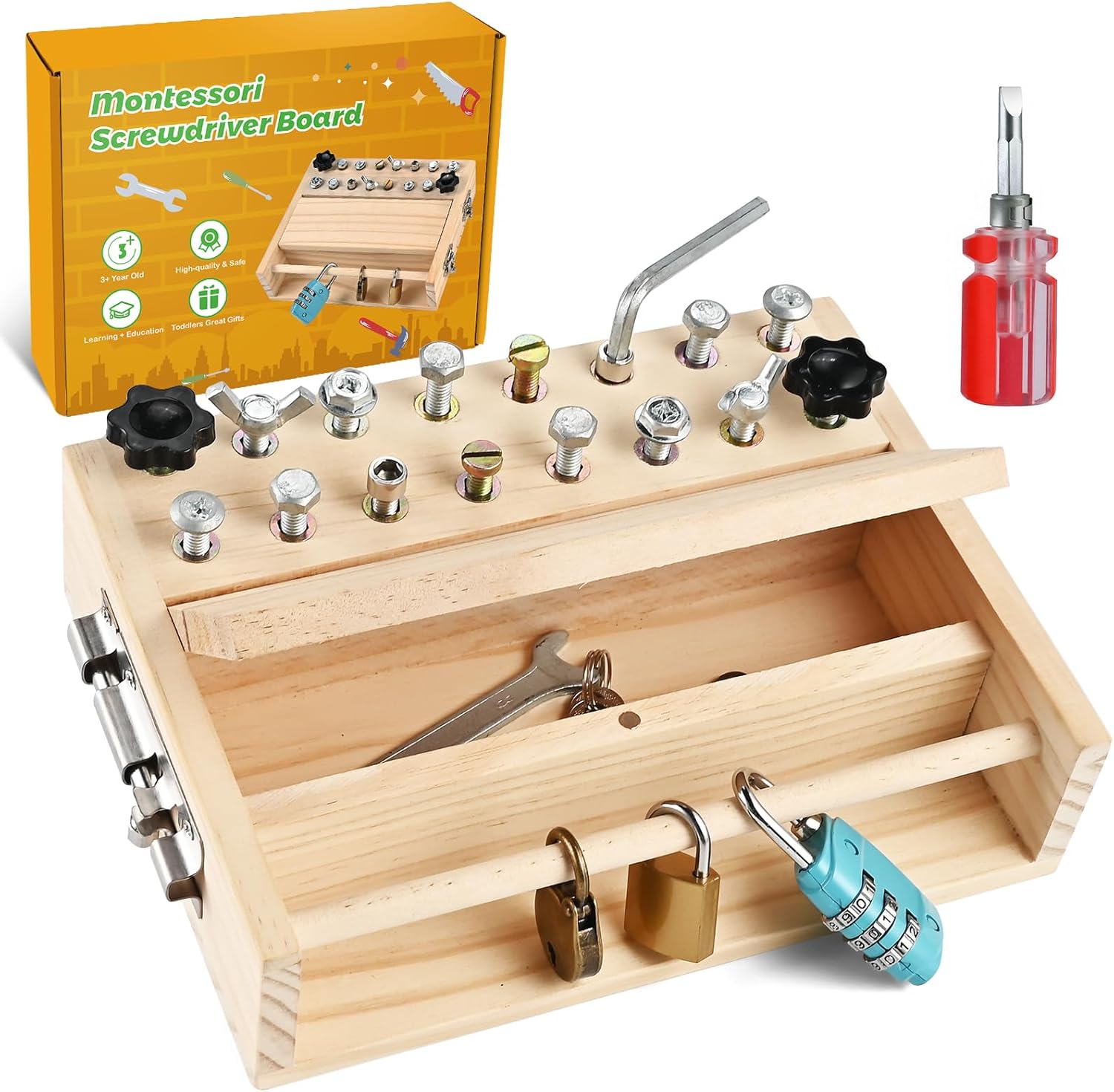 

Montessori Toys for 3 4 5 with 3 Lock and Keys, Toddler Screwdriver Toy, Kids Tool Set, Preschool Learning Sensory Toy, Fine Motor Skills Toys 3 locks and keys