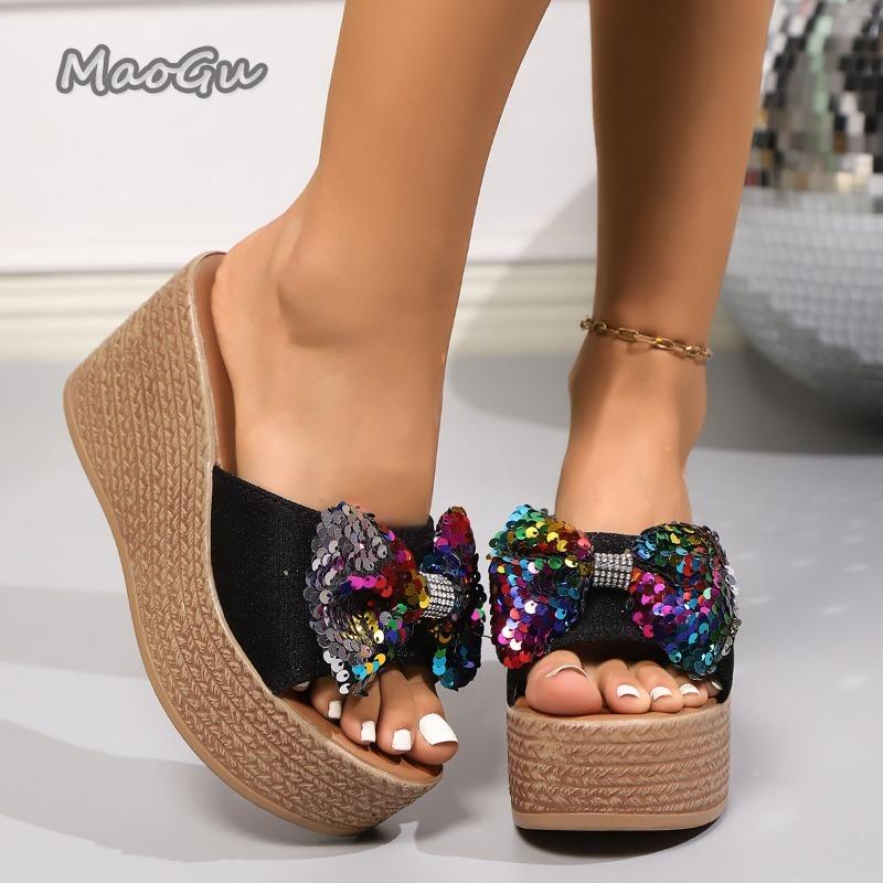 Chunky Platform Colorful Glitter Sandals Women Summer 2026 Super High Heels Big Bowtie Slides Woman Thick Bottom Slippers Shoes