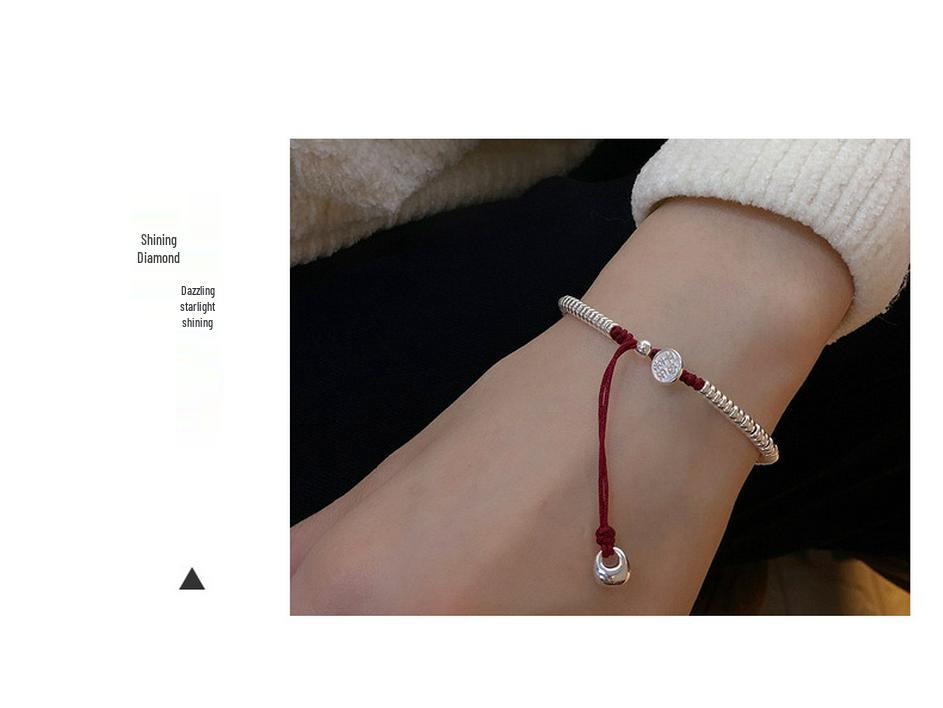 S925 Sterling Silver and Red Rope Bracelet with Round Beads - Gift for Good Luck and Peace