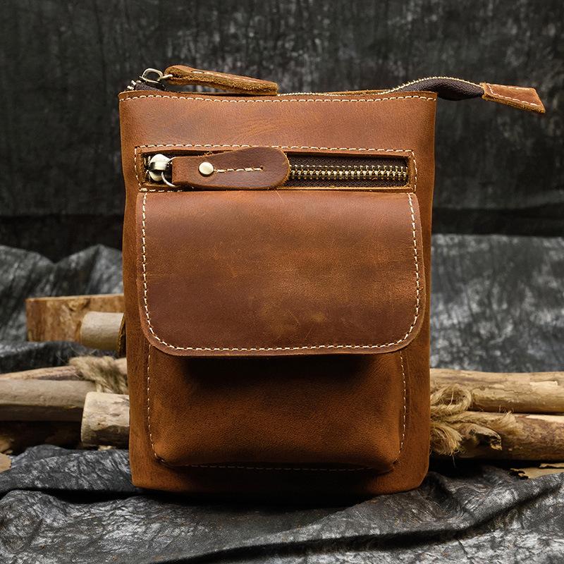 Crazy Horse Leather Men'S Fanny Pack First Layer Cowhide Belt Bag Mini Leather Mobile Phone Shoulder Crossbody Bag Mobile Phone Bag