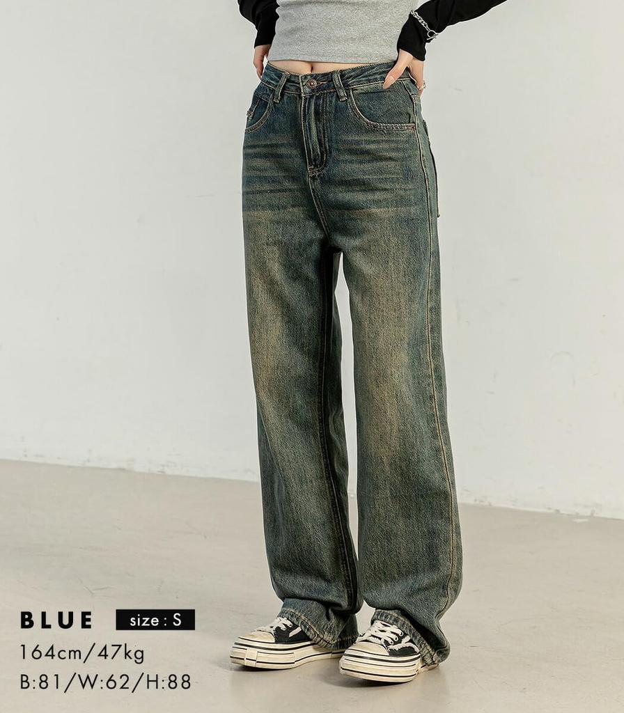 DAYCLOSET Denim Straight Medium Size Blue Women's Korean-Style Wide-Leg Pants, Fit, Vintage-Finish, Thickness, Spring, Autumn, Winter, Pants566, M,