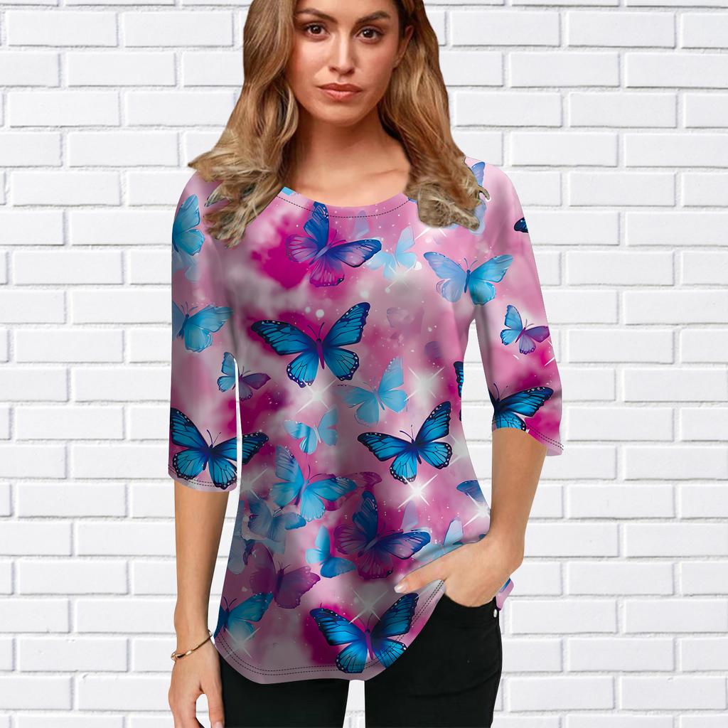 Womens Blouse 3D Colorful Butterfly Printing Flower Half Sleeve Tops Summer Casual Tops Printed Round Neck Half Sleeve T Shirt