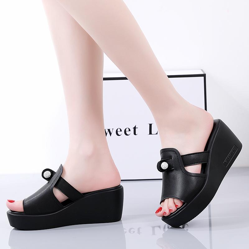 

Женские белые шлепанцы, летние туфли с открытым носком на толстой танкетке, черные повседневные тапочки на толстой платформе 34 чёрный