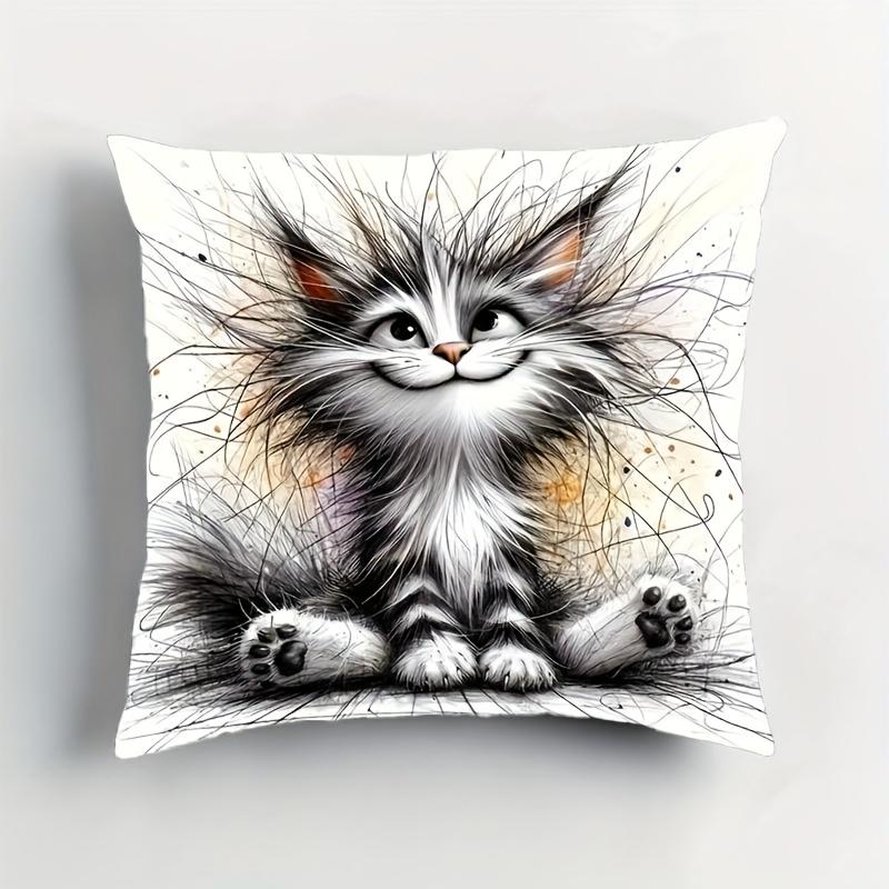 Cute Fluffy Cat Pillowcase Cartoon Kitten Cushion Cover Abstract Line Art Pet Decor Soft Throw Pillow for Bedroom and LivingRoom
