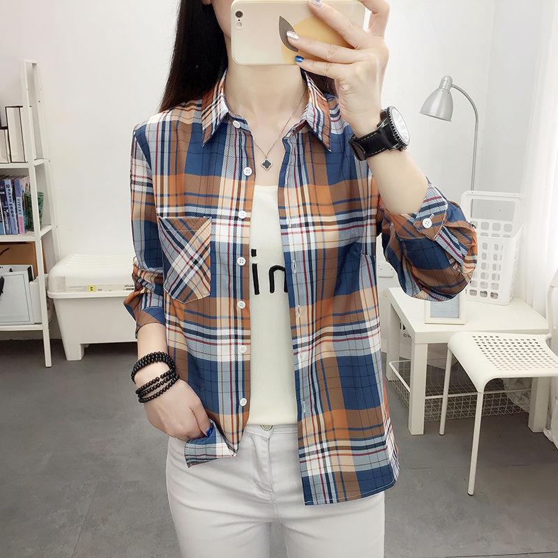 2025 Women's Korean Style Plaid Slimming Shirt - Casual Long Sleeve Print for Spring & Autumn Students