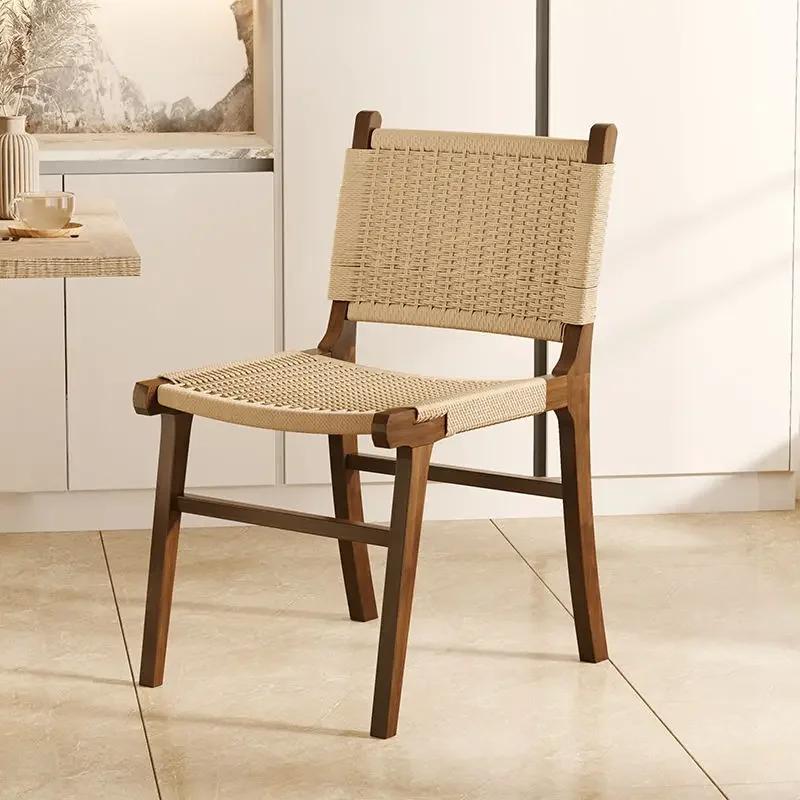 Nordic Wooden Rattan Lightweight Luxury Balcony Chair Rope-Woven Lazy Recliner Stylish Saddle Backrest Seat