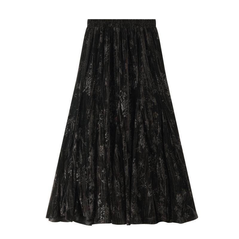 Plus-Size Flattering Midi Skirt: Chinese Style Gold Thread Velvet Fishtail Skirt