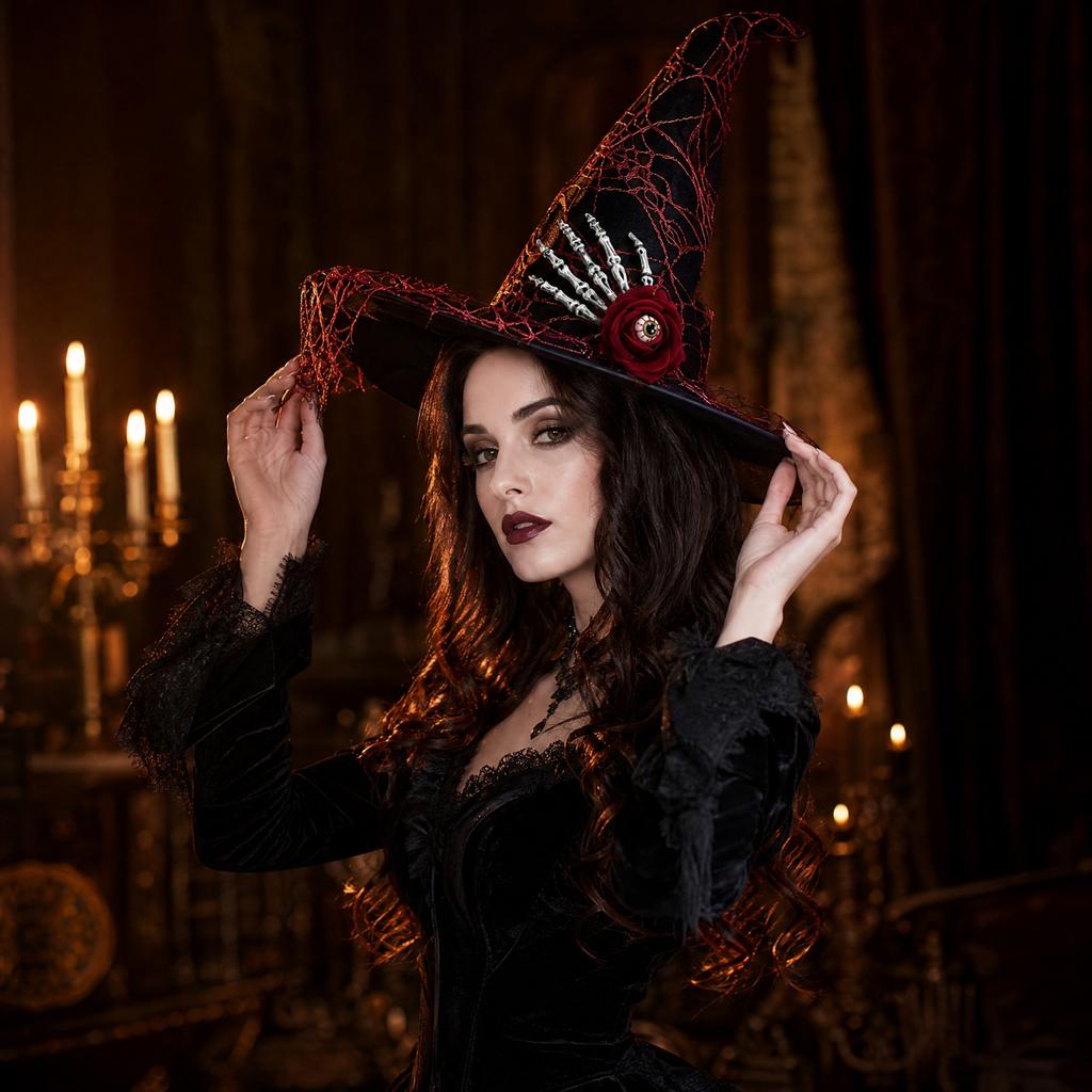 Women's Halloween Witch Hat with Red Mesh, Skeleton Hand and Rose Decoration for Costume Accessory