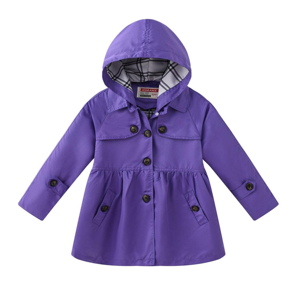 Girls' British Style Button Trench Coat with Detachable Hood - Waist-Defining, Solid Color, Mid-Length, Autumn Classic Fashion.